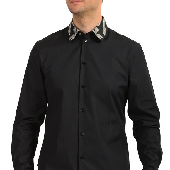 Versace Men's Black & Gray Heritage Print Long Sleeve Dress Shirt US 17 IT 43